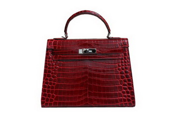 Hermes Kelly 32cm Shoulder Bag Red Croco Patent Leather K32 Silver