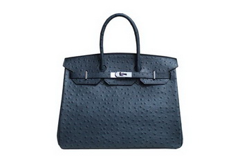 Hermes Birkin 35CM Tote Bag Dark Blue Ostrich Leather BK35 Silver