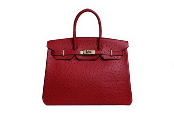 Hermes Birkin 35CM Tote Bag Red Ostrich Leather BK35 Gold