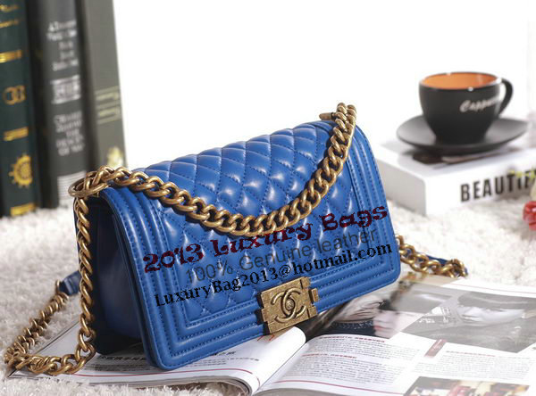 Chanel Boy Flap Shoulder Bag in Blue Lambskin Leather A67086 Gold