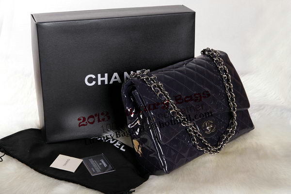 Chanel Maxi Double Flaps Bag Dark Purple Original Patent Leather A36098 Silver