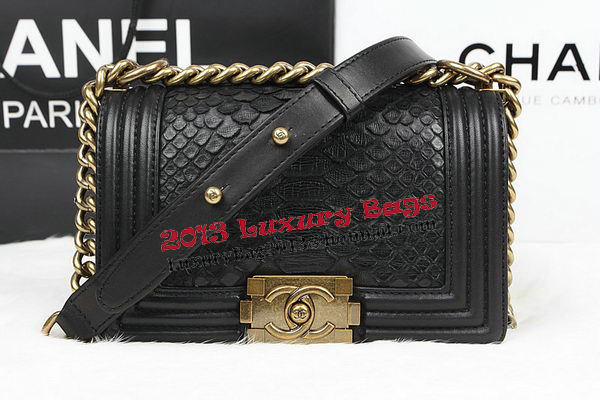 Chanel Boy Flap Shoulder Bag Black Original Python Leather A67085 Gold