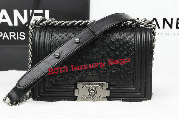 Chanel Boy Flap Shoulder Bag Black Original Python Leather A67085 Silver