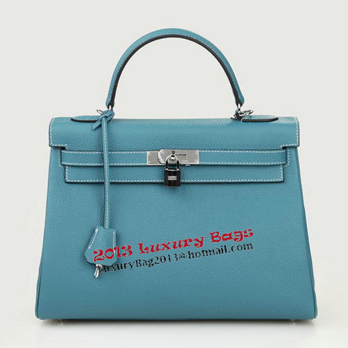 Hermes Kelly 32cm Shoulder Bag Light Blue Original Leather K32 Silver