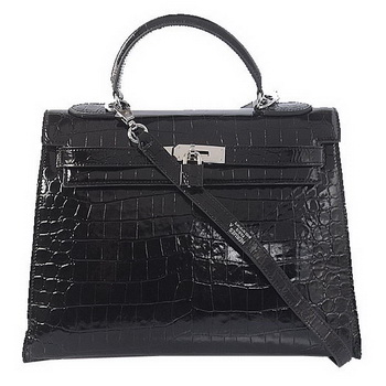 Hermes Kelly 32cm Shoulder Bags Black Iridescent Croco Leather Silver