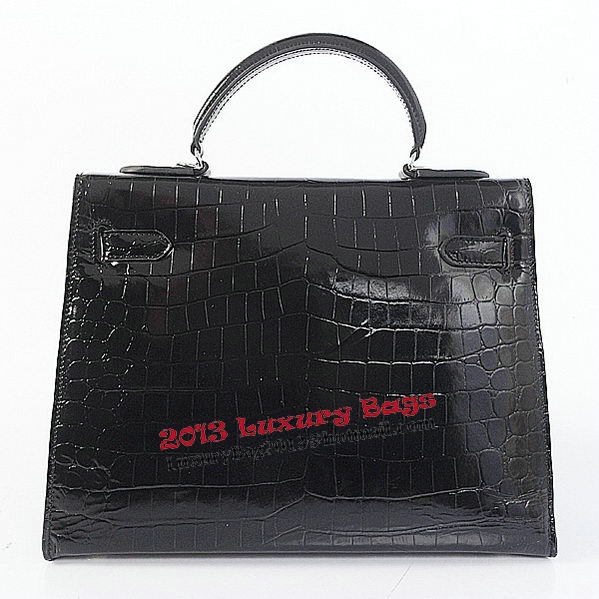 Hermes Kelly 32cm Shoulder Bags Black Iridescent Croco Leather Silver