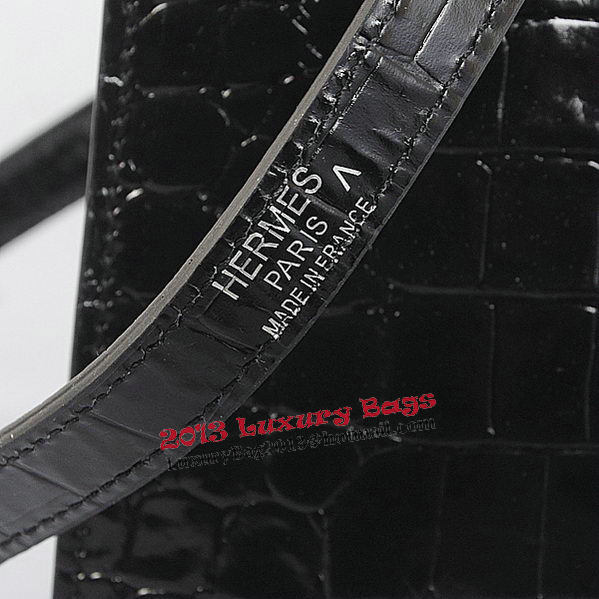 Hermes Kelly 32cm Shoulder Bags Black Iridescent Croco Leather Silver