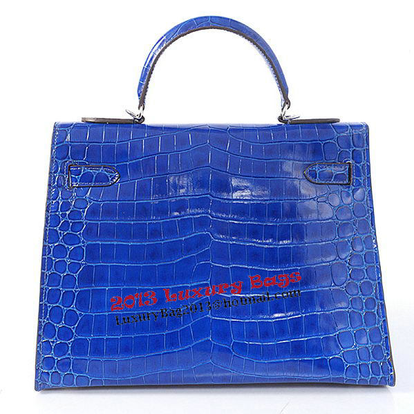 Hermes Kelly 32cm Shoulder Bags Blue Iridescent Croco Leather Gold