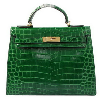 Hermes Kelly 32cm Shoulder Bags Green Iridescent Croco Leather Gold