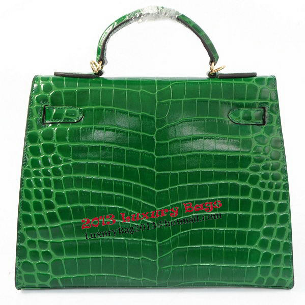 Hermes Kelly 32cm Shoulder Bags Green Iridescent Croco Leather Gold