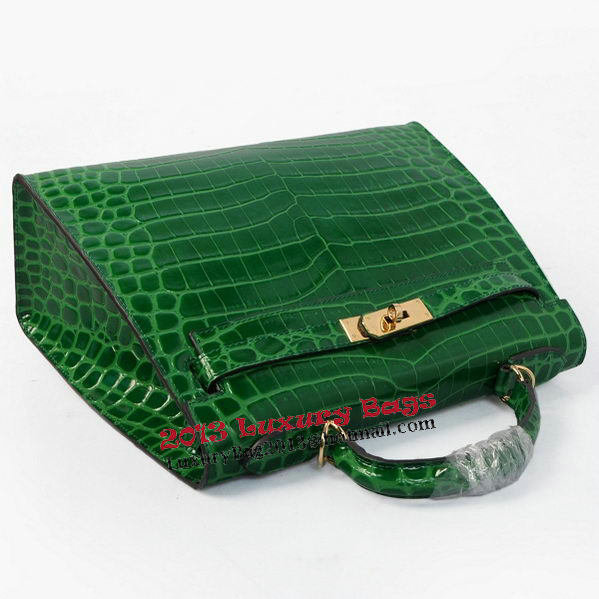 Hermes Kelly 32cm Shoulder Bags Green Iridescent Croco Leather Gold