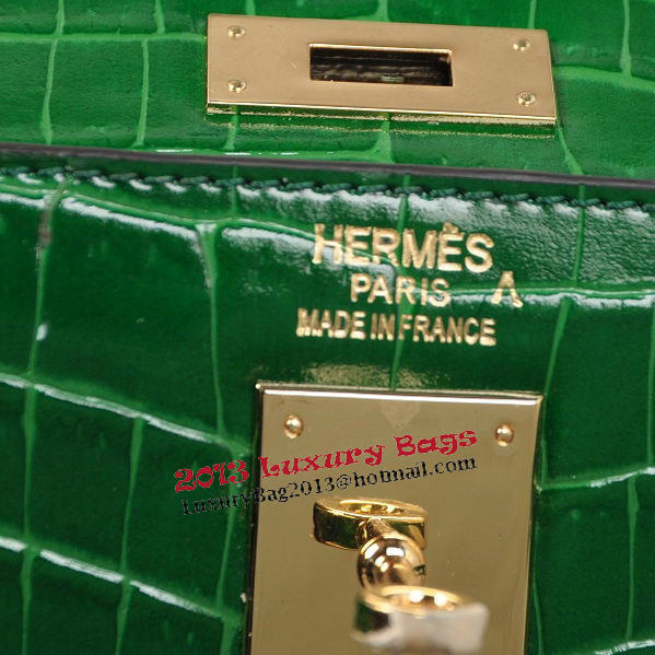 Hermes Kelly 32cm Shoulder Bags Green Iridescent Croco Leather Gold