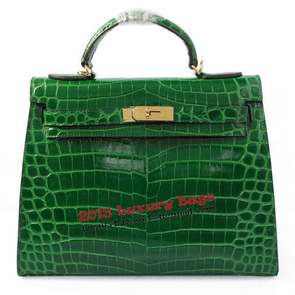 Hermes Kelly 32cm Shoulder Bags Green Iridescent Croco Leather Gold