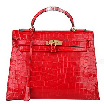 Hermes Kelly 32cm Shoulder Bags Red Iridescent Croco Leather Gold