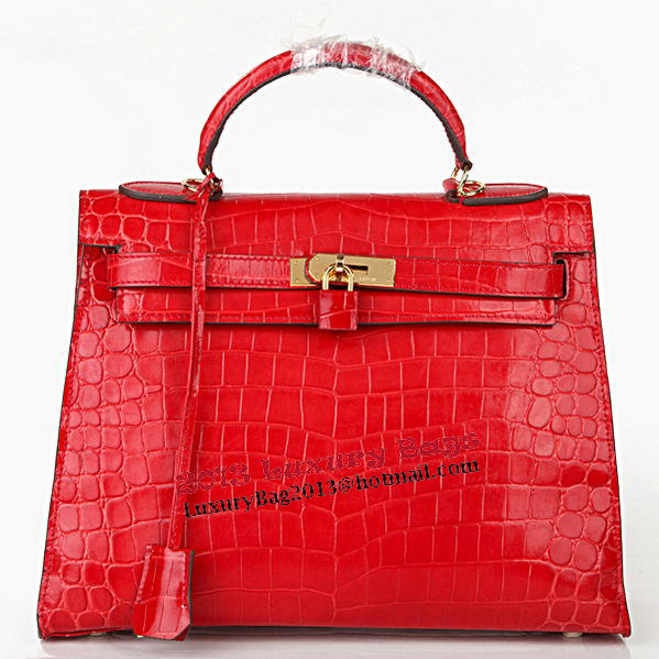 Hermes Kelly 32cm Shoulder Bags Red Iridescent Croco Leather Gold