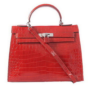 Hermes Kelly 32cm Shoulder Bags Red Iridescent Croco Leather Silver