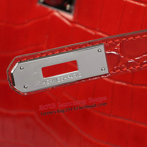 Hermes Kelly 32cm Shoulder Bags Red Iridescent Croco Leather Silver