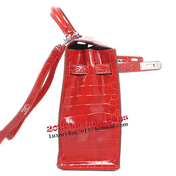 Hermes Kelly 32cm Shoulder Bags Red Iridescent Croco Leather Silver