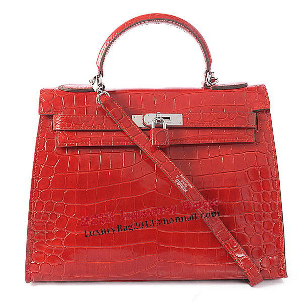 Hermes Kelly 32cm Shoulder Bags Red Iridescent Croco Leather Silver