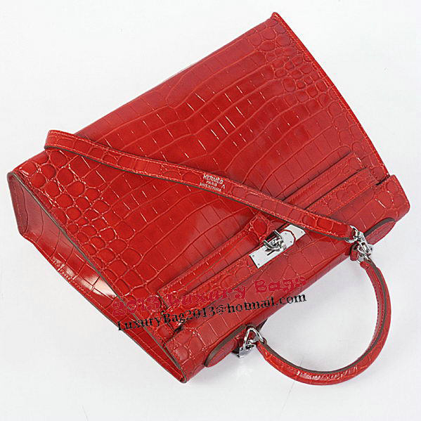 Hermes Kelly 32cm Shoulder Bags Red Iridescent Croco Leather Silver