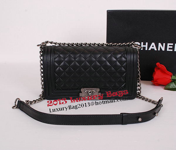 Le Boy Chanel Flap Shoulder Bag Black Sheepskin Leather CHA67086 Silver