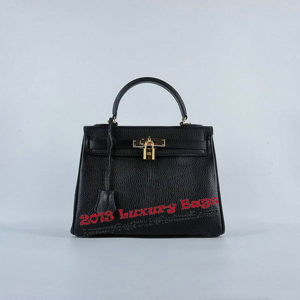 Hermes Kelly 28cm Shoulder Bags Black Grainy Leather Gold