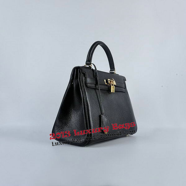 Hermes Kelly 28cm Shoulder Bags Black Grainy Leather Gold