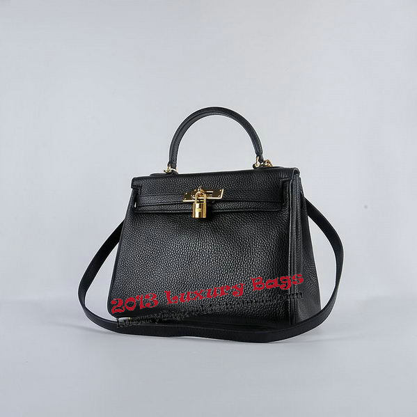 Hermes Kelly 28cm Shoulder Bags Black Grainy Leather Gold