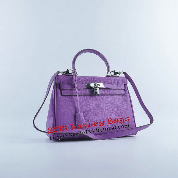 Hermes Kelly 28cm Shoulder Bags Purple Grainy Leather Silver