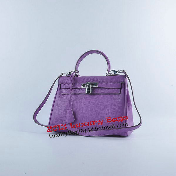 Hermes Kelly 28cm Shoulder Bags Purple Grainy Leather Silver