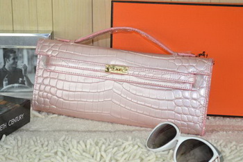 Hermes Kelly Clutch Bag Croco Leather K31 Light Pink