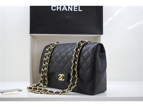 Fashion Chanel Original Caviar Leather Classic Flap Bag A28600 Black Gold