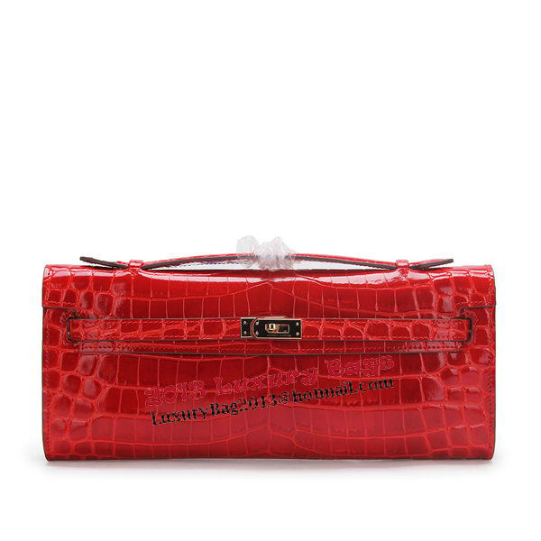 Hermes Kelly Clutch Bag Croco Leather K1002 Red