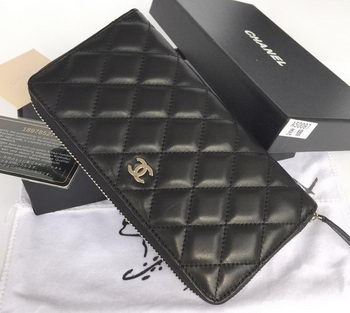 Chanel Matelasse Zip Around Wallet Black Sheepskin A50097 Silver