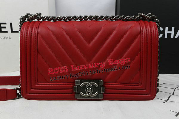 Boy Chanel Flap Bag Calfskin Chevron Quilting A67025 Red