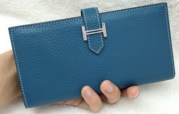 Hermes Bearn Japonaise Bi-Fold Wallet Litchi Leather A208 Blue