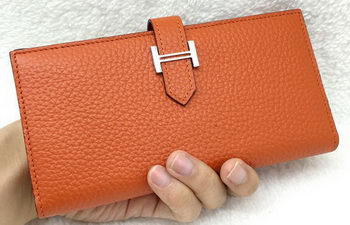 Hermes Bearn Japonaise Bi-Fold Wallet Litchi Leather A208 Orange