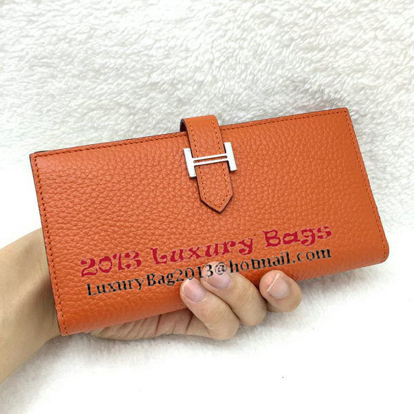 Hermes Bearn Japonaise Bi-Fold Wallet Litchi Leather A208 Orange