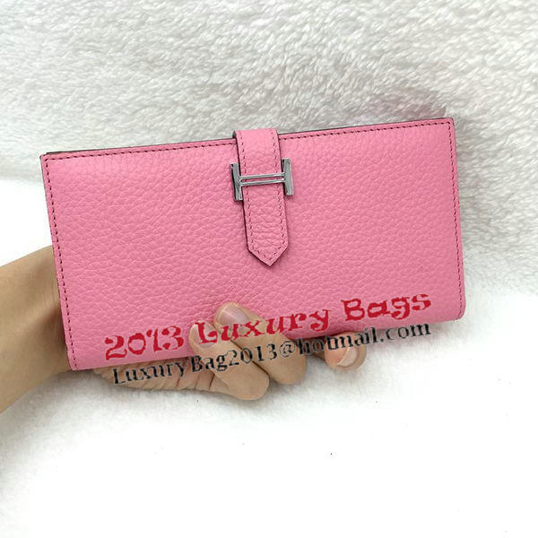 Hermes Bearn Japonaise Bi-Fold Wallet Litchi Leather A208 Pink