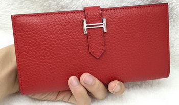 Hermes Bearn Japonaise Bi-Fold Wallet Litchi Leather A208 Red