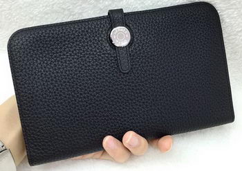 Hermes Dogon Combined Wallet Litchi Leather A508 Black