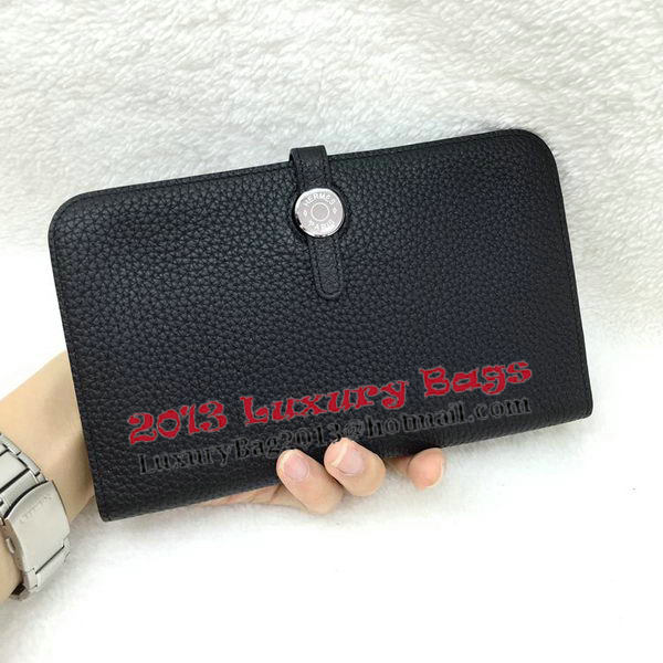 Hermes Dogon Combined Wallet Litchi Leather A508 Black