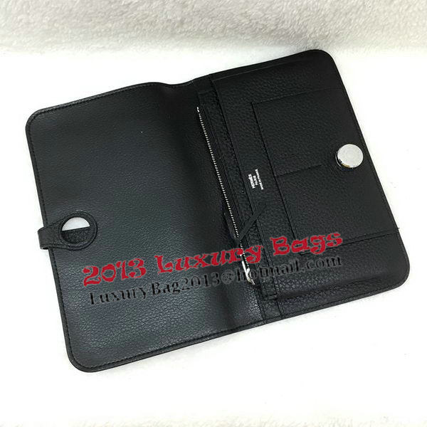 Hermes Dogon Combined Wallet Litchi Leather A508 Black