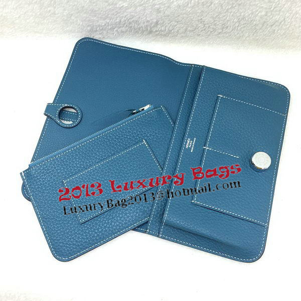 Hermes Dogon Combined Wallet Litchi Leather A508 Blue