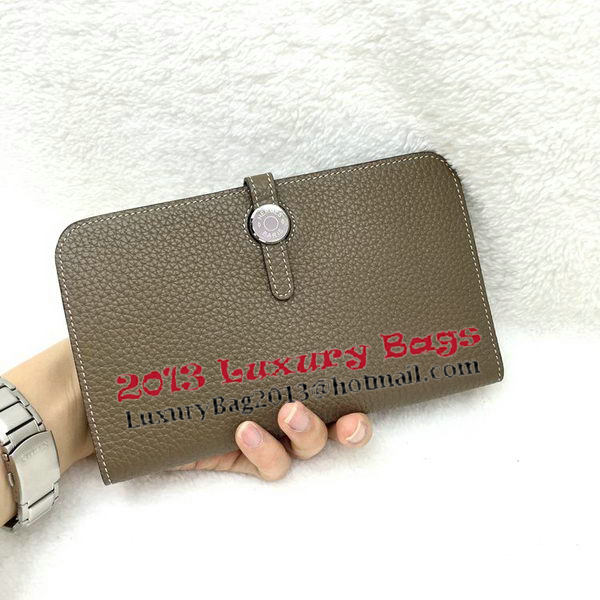 Hermes Dogon Combined Wallet Litchi Leather A508 Khaki