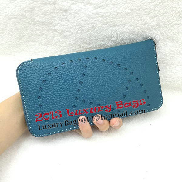 Hermes Evelyn Long Zip Wallet Litchi A808 Blue