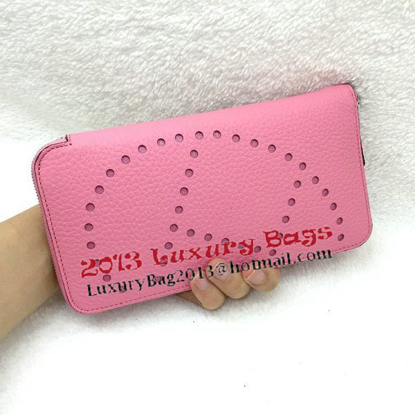 Hermes Evelyn Long Zip Wallet Litchi A808 Pink