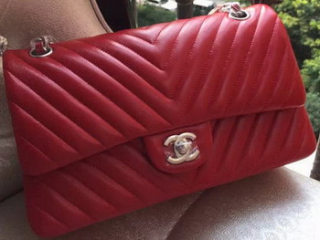 Chanel 2.55 Series Flap Bag Red Lambskin Chevron Leather A01112 Gold/Silver