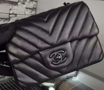 Chanel Classic mini Flap Bag Black Chevron Sheepskin Leather A68748 Black