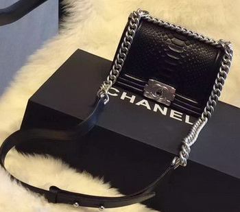 Chanel Boy Flap Shoulder Bag Black Python Leather A66094 Silver